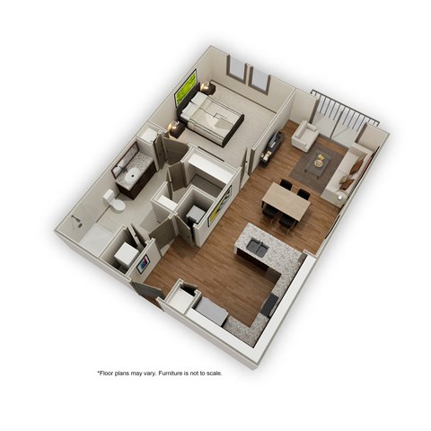 Floor plan for 1 bed, 1 bath, 638 sqft